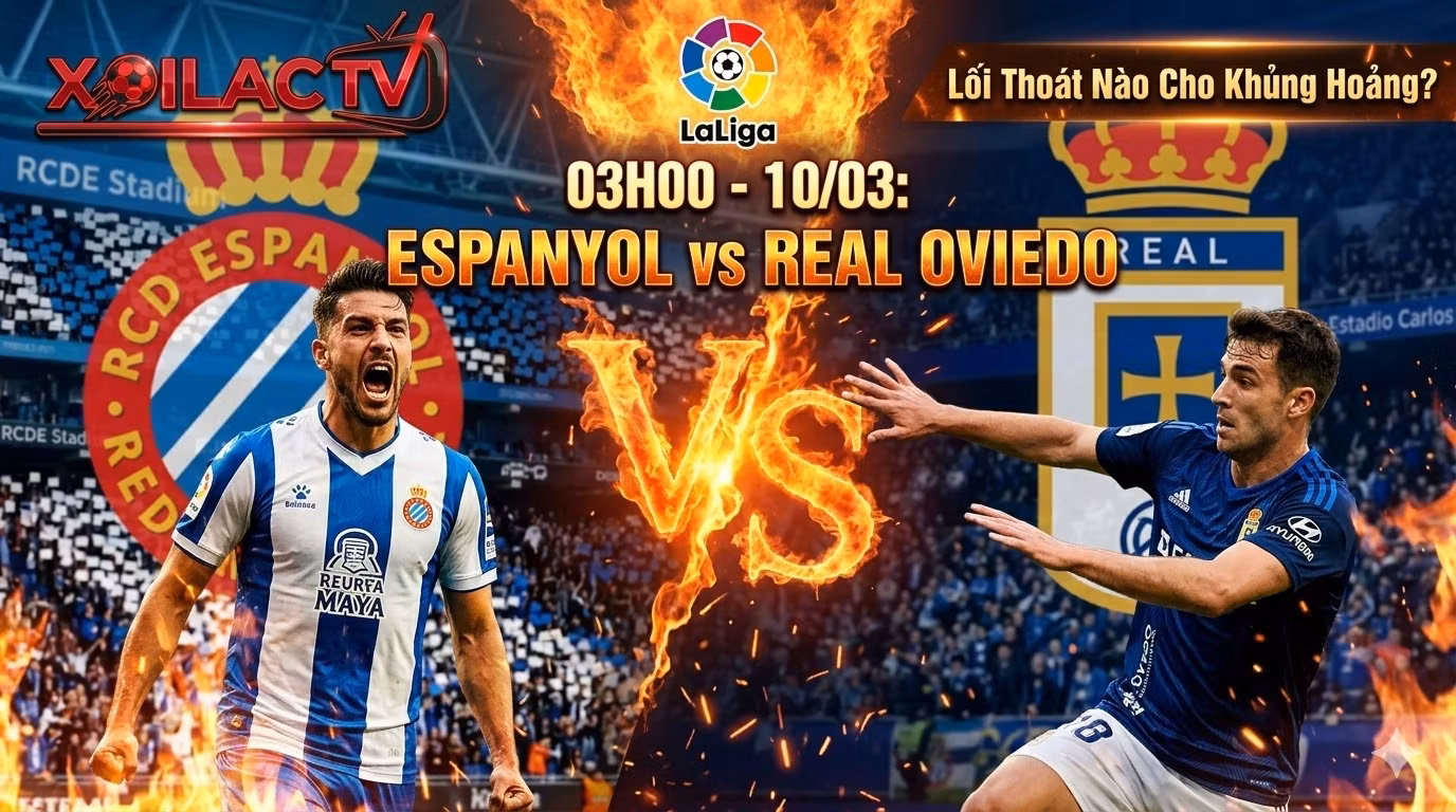 Hình ảnh đối đầu rực lửa giữa tiền đạo Kike García của Espanyol đang dứt điểm và hậu vệ Real Oviedo phòng ngự, kèm thông tin trận đấu 03h00 ngày 10/03 và logo Xoilac TV.