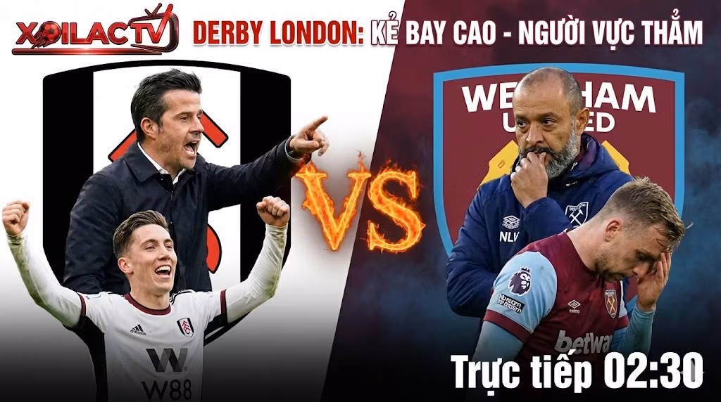 Ảnh đại diện trận Derby London giữa Fulham vs West Ham: Đối đầu kịch tính giữa HLV Marco Silva và Nuno Espírito Santo, xem trực tiếp bóng đá Full HD tại Xoilac TV.