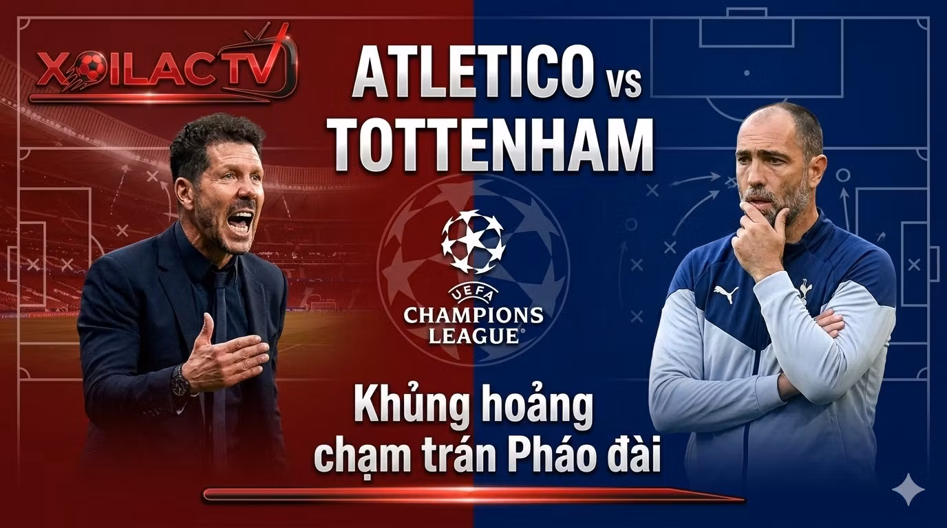Ảnh đại diện preview trận Atletico Madrid vs Tottenham Hotspur trên Xoilac TV: Đối đầu HLV Diego Simeone và Igor Tudor, logo vòng 1/8 Champions League.