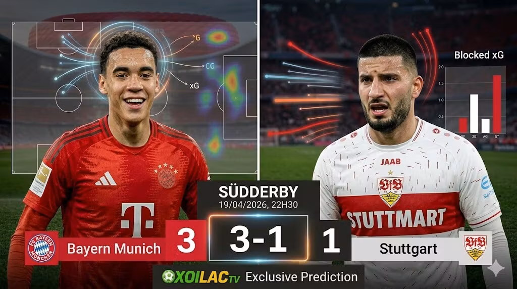 Đồ họa split-screen dự đoán tỷ số 3-1 cho trận Bayern Munich vs Stuttgart. Bên trái là Jamal Musiala (Bayern áo đỏ) với sơ đồ chiến thuật xung quanh đầu và điểm số 3. Bên phải là Deniz Undav (Stuttgart áo trắng) với các đường áp lực chiến thuật và điểm số 1. Banner phía dưới ghi "SÜDDERBY 19/04/2026, 22H30" và "Xoilac TV Exclusive Prediction".