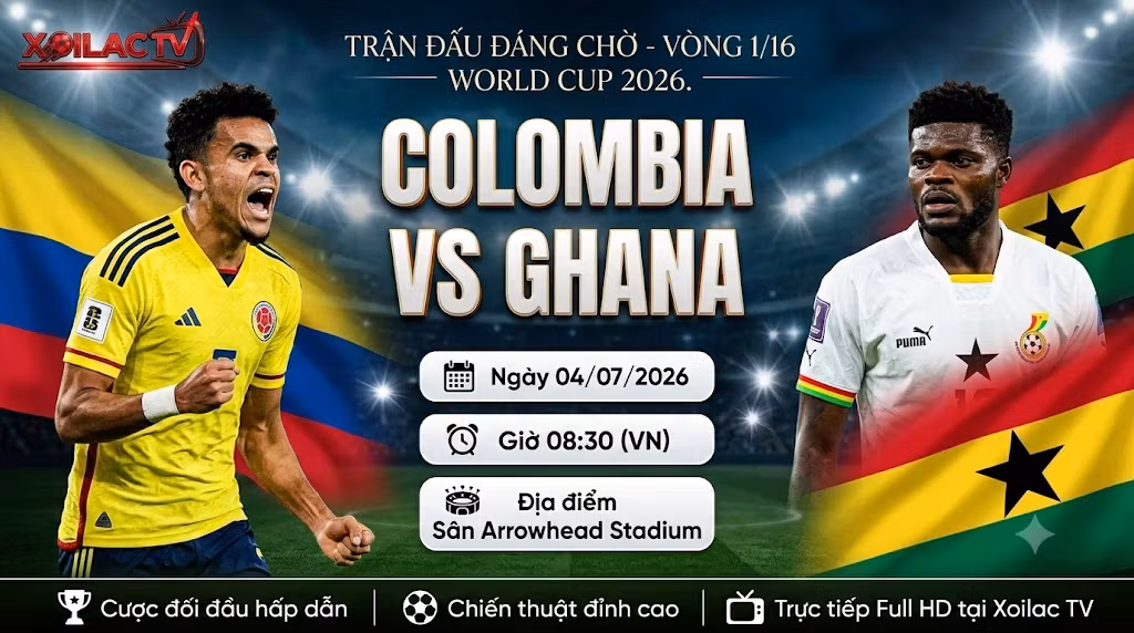 Ảnh bìa trận đấu Colombia vs Ghana, Vòng 1/16 World Cup 2026, với Luis Díaz và Thomas Partey