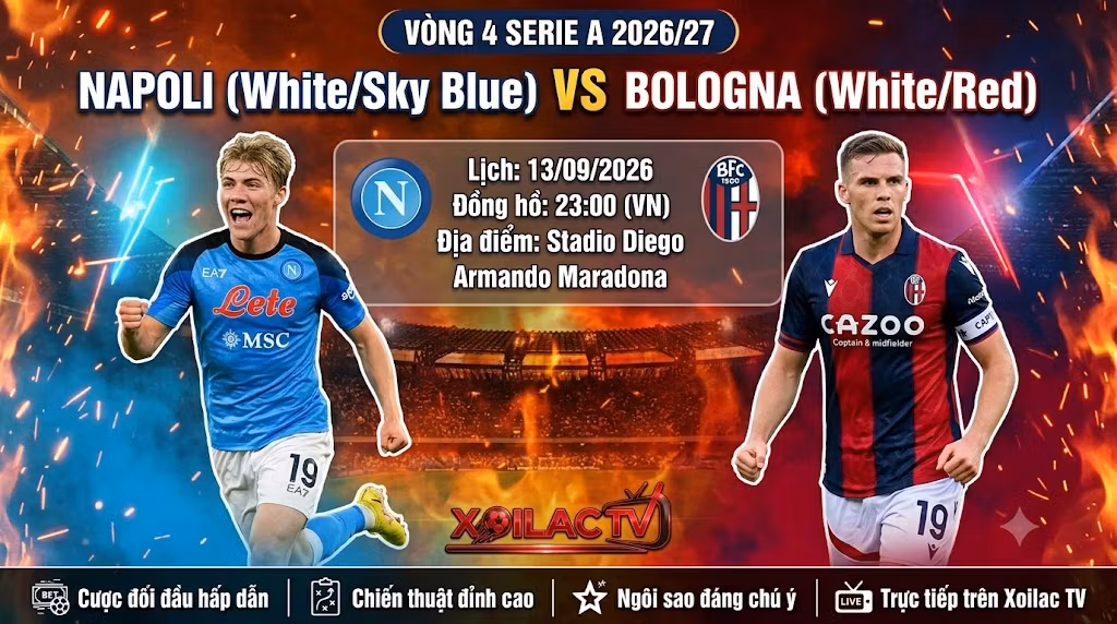 Nhận định bóng đá, soi kèo trận đấu giữa Napoli vs Bologna vòng 4 Serie A, trực tiếp trên Xoilac TV.